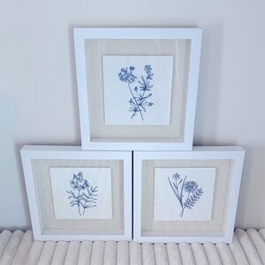 Set of Three Framed Botanical Print Tiles, blue white and linen